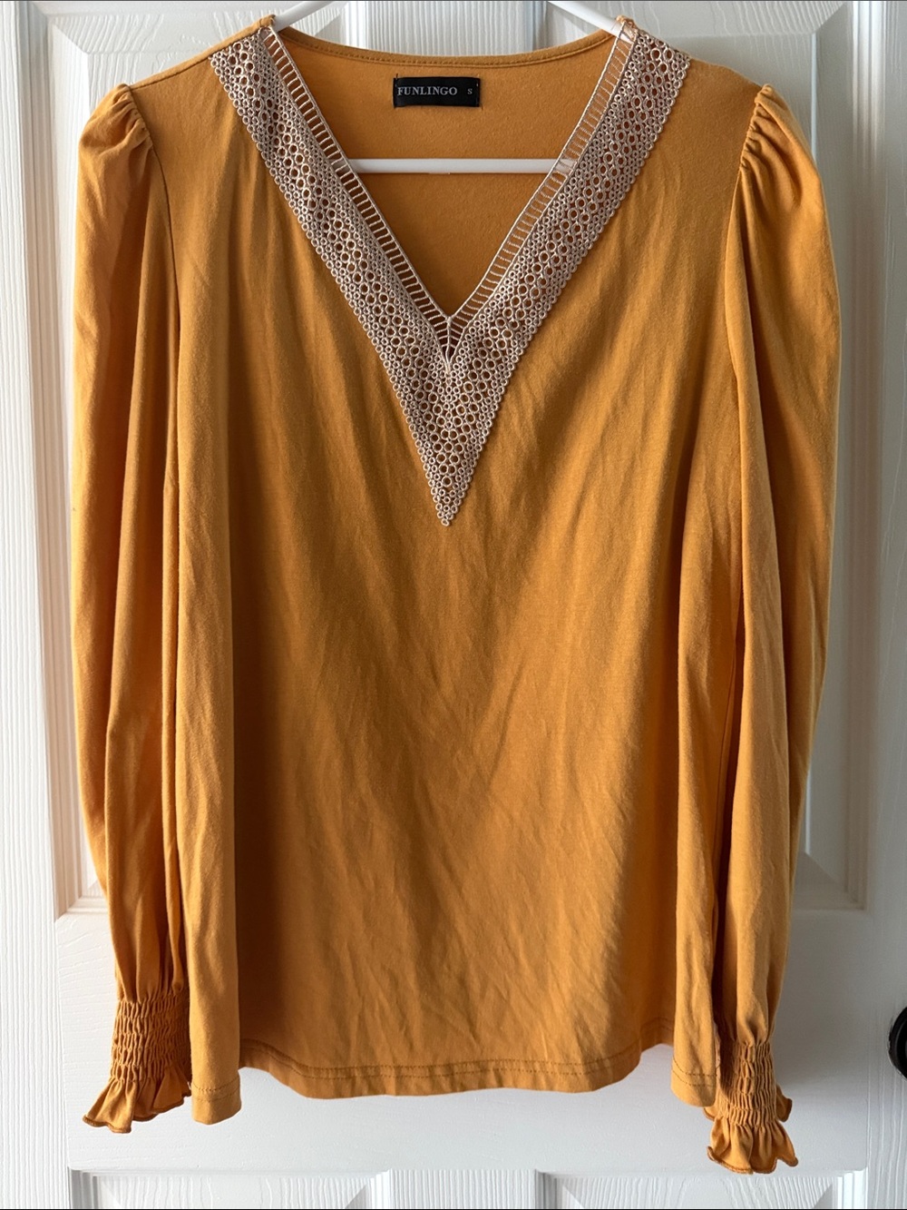 Funlingo Women's Mustard V-Neck Long Sleeve Blouse with Crochet Trim, Size Small